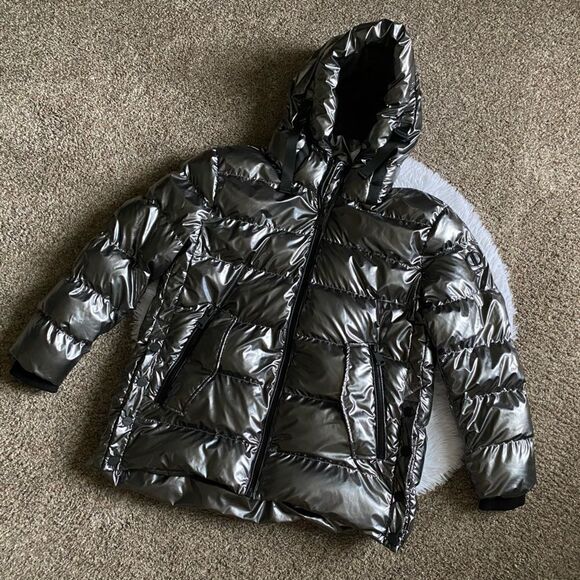 DKNY Silver Puffer Coat Bubble Lined Puffy Shiny Metallic Gunmetal Womens Large - Picture 1 of 13